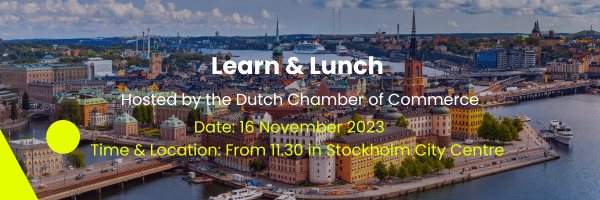 En bild av Stockholms innerstad med information som beskriver lär- och lunchevenemanget den 16 november 2023.